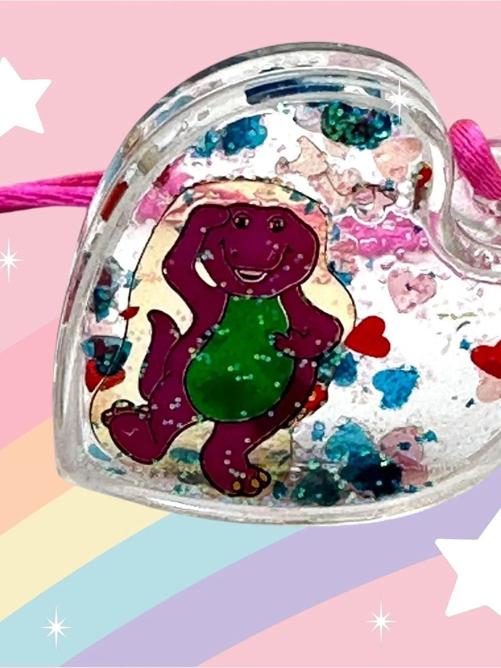 Millennial Kids Barney Dinosaur Glitter Heart Pendant Necklace Nostalgic Y2K PBS
